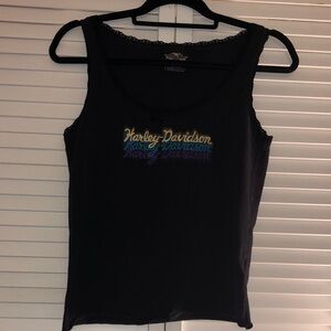 Harley Davidson VTG Women’s Black Tank Top with Scoop Neck Trimmed in Lace-Med